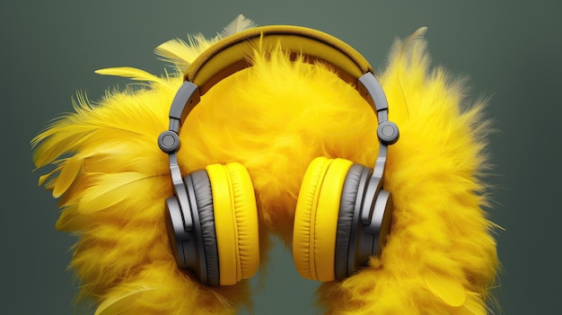 Headphones and soft yellow feathers on background ASMR Stressrelieving sounds concept