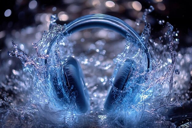 Photo headphones surrounded by swirling soundwaves