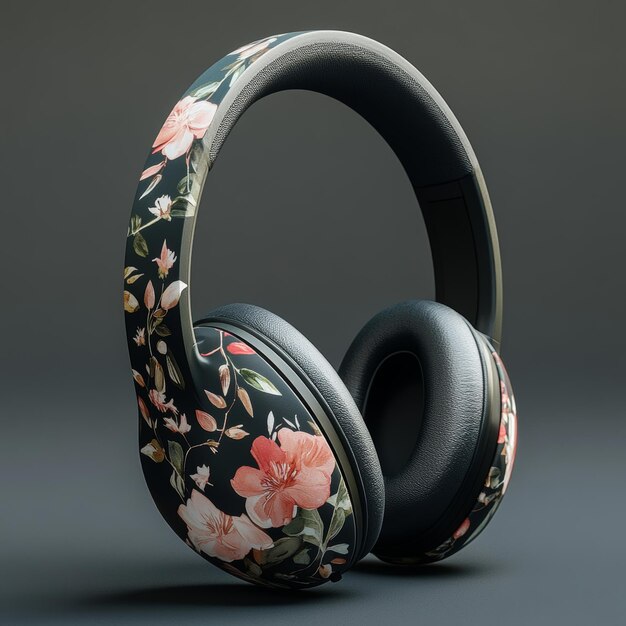 Photo headphones with floral pattern on a gray background 3d rendering