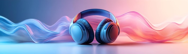 Headphones with holographic sound waves emanating concept as A pair of headphones rest on a white su