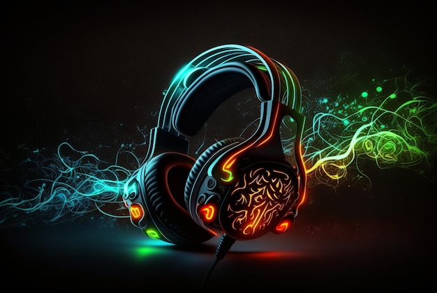 Headphones with neon light on dark background generative AI