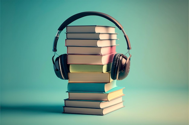 Headphones with stack of books on blue background