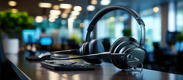 Headphones on a wooden desk in a modern office