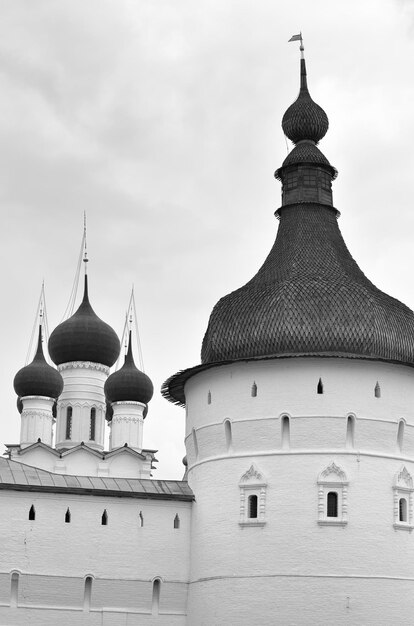 Heads of churches of Rostov The domes of the Church of St John the Theologian behind the fortress wall of the Kremlin Russian architecture of the XVII century Yaroslavl Region Russia 2022