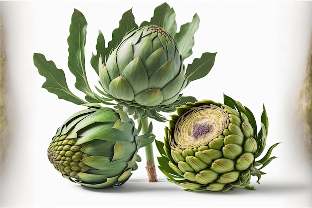 Heads and stems of healthy artichoke isolated on white