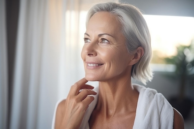 Headshot of gorgeous mid age adult 50 years old blonde woman standing in bathroom after shower touching face looking at reflection in mirror doing morning beauty routine Older skin care concept