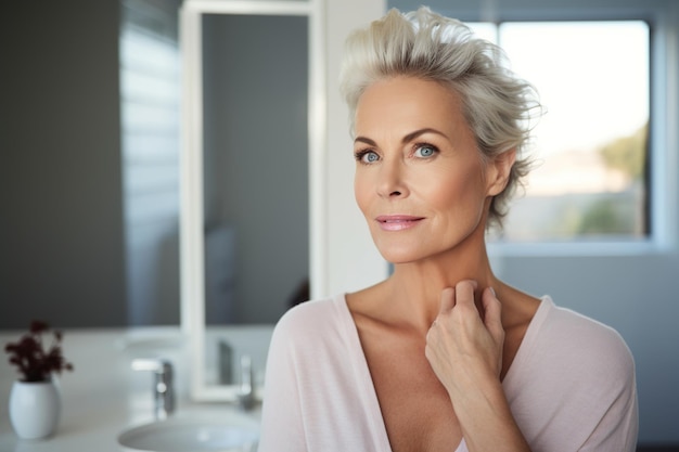 Headshot of gorgeous mid age adult 50 years old blonde woman standing in bathroom after shower touching face looking at reflection in mirror doing morning beauty routine Older skin care concept