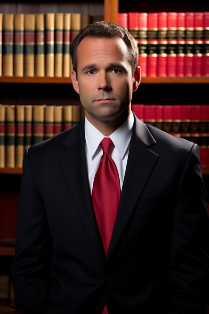 Photo headshot of a male lawyer in a suit and tie standing in a library