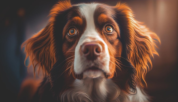 Headshot portrait of brown white and black medium mixed breed dog smiling against blurred background