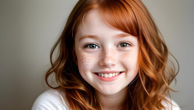 Headshot Portrait of happy ginger girl with freckles smiling looking at camera White background