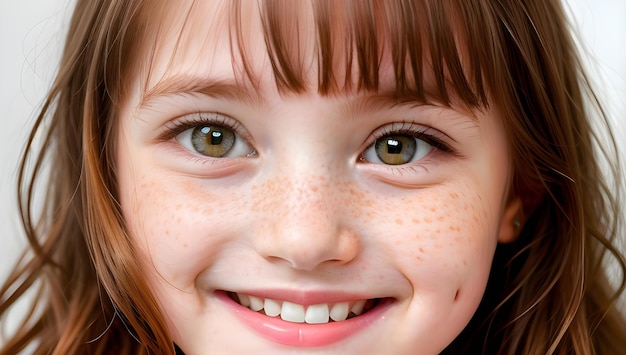 Headshot Portrait of happy ginger girl with freckles smiling looking at camera White background