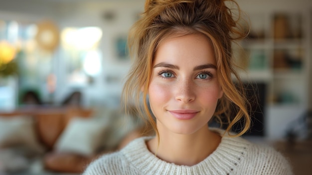 Headshot portrait of smiling young woman Teen girl with happy facial expression looking at camera w