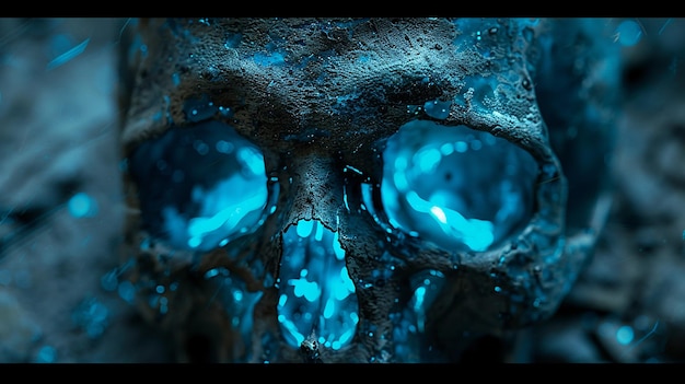 Photo the headshot skull with glowing blue eyes and fiery details