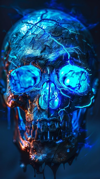 Photo the headshot skull with glowing blue eyes and fiery details