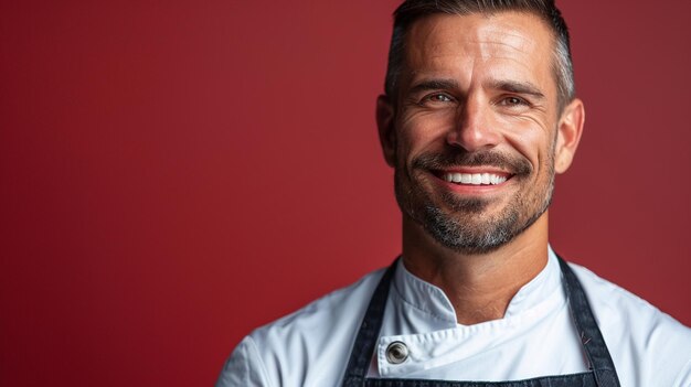 Photo headshot of a smiling butcher with solid gradient background