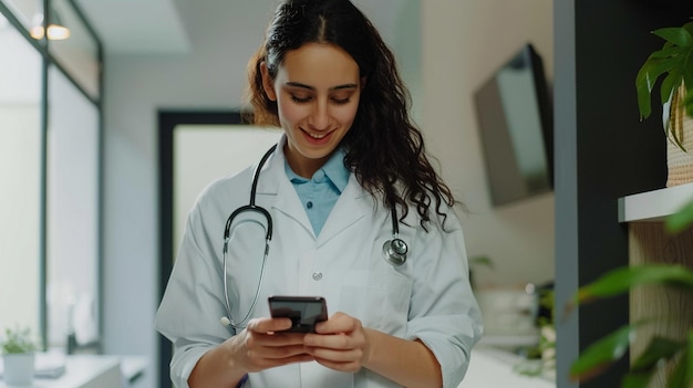 Headshot smiling female doctor physician using the smartphone