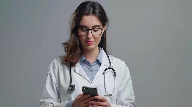 Headshot smiling female doctor physician using the smartphone