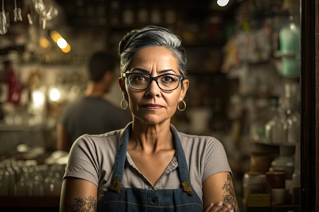 Headshot of woman looking at camera with shop as background Generative AI