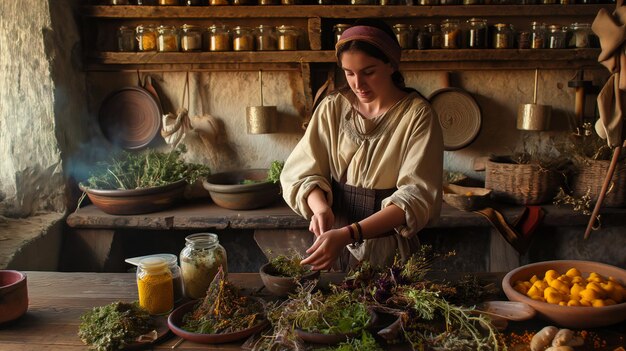 Healer in a medieval village preparing herbal remedies