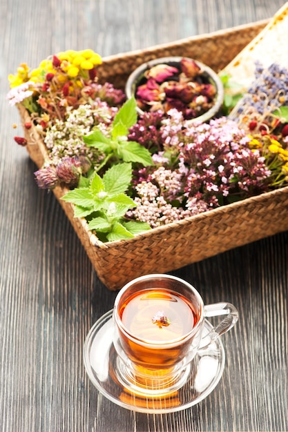 Healing herbs cup herbal tea in a tray top view flat lay