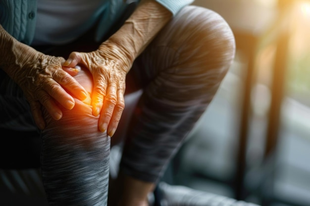 Photo health care concept old woman suffering from knee pain closeup