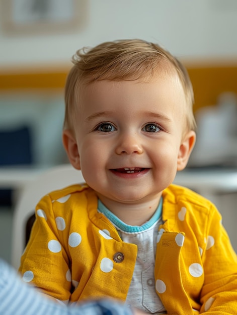 At the health checkup a baby sits as the pediatrician smiles creating a reassuring atmosphere with medical tools in the soft focus background