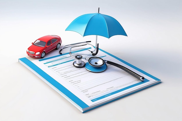 Health insurance 3d concept medical document with checklist under the umbrella