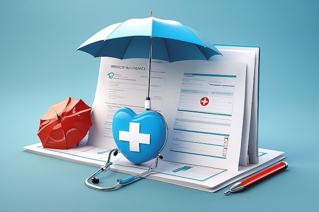 Health insurance 3d concept medical document with checklist under the umbrella