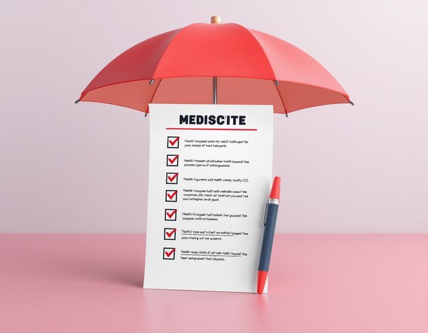 Photo health insurance 3d concept medical document with checklist under the umbrella