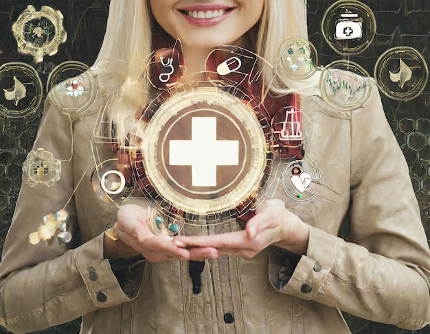 Photo health insurance concept people hands holding virtual plus and healthcare medical icon health and ac