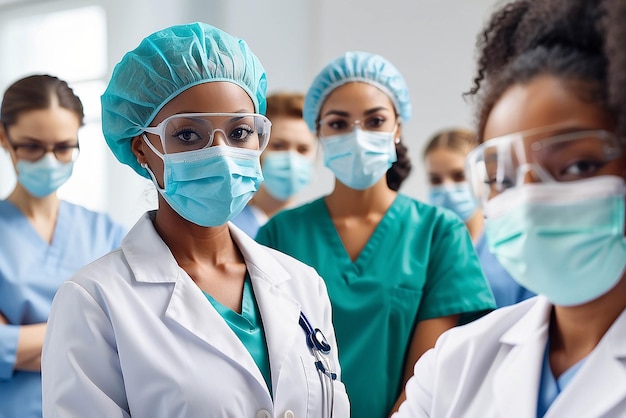 health medicine and pandemic concept close up of african american female doctor or scientist in protective mask over medical workers at hospital on background