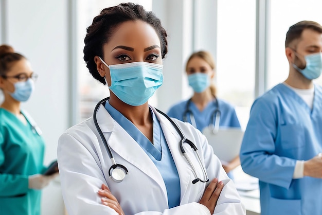 health medicine and pandemic concept close up of african american female doctor or scientist in protective mask over medical workers at hospital on background