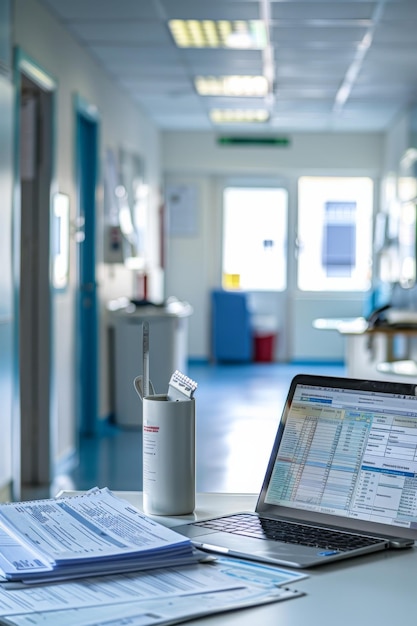 Photo health office scene with a checklist and laptop on a table in a hospital setup includes paperwork