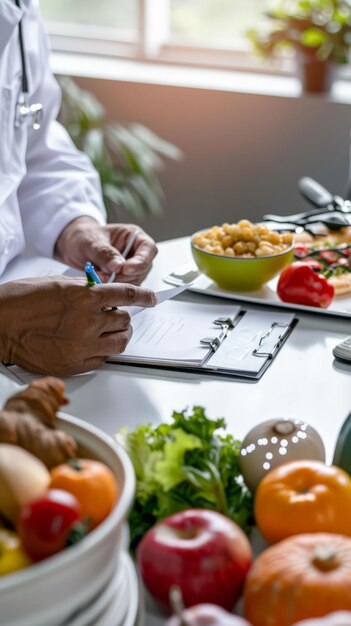 Health professional taking notes during a dietary consultation Focus on healthy eating