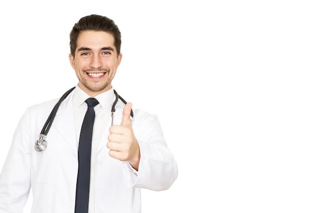 Health rocks! Studio portrait of a handsome cheerful male doctor smiling happily showing thumbs up copyspace on the side