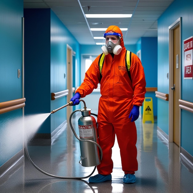 Photo a health workers spraying disinfectant liquid