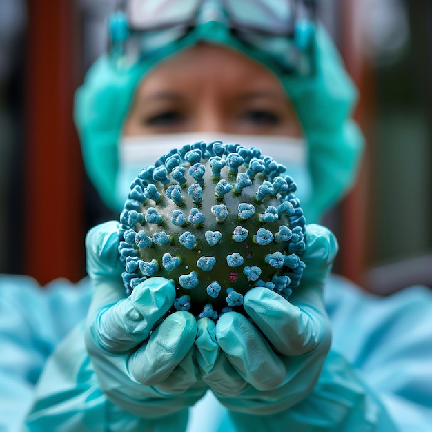 A health workers wearing hazmat suit or surgical masks Hospital or clinic background and copy space