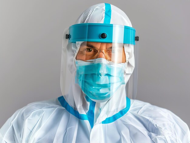 Photo a health workers wearing hazmat suit or surgical masks hospital or clinic background and copy space