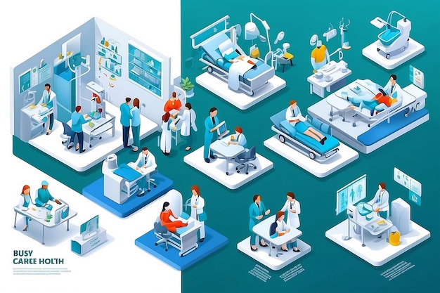 Photo healthcare business isometric illustrations set busy people teamwork 3d medical scenes