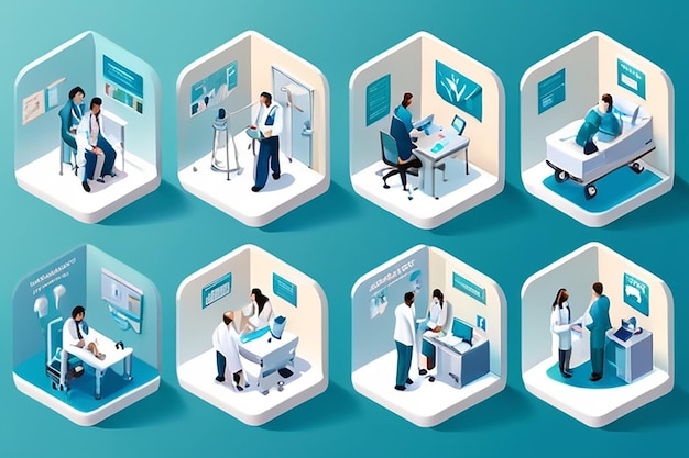 Photo healthcare business isometric illustrations set busy people teamwork 3d medical scenes