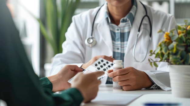 Healthcare Consultation A minimalist image of a pharmacist discussing medications with a patient