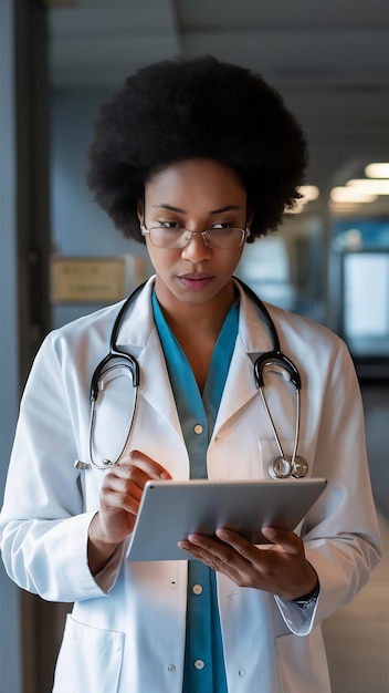 Healthcare female doctor and serious with tablet for research reading and scroll for medical info