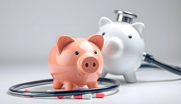 Healthcare finance Medical stethoscope with piggy bank and pills isolated with white highlights