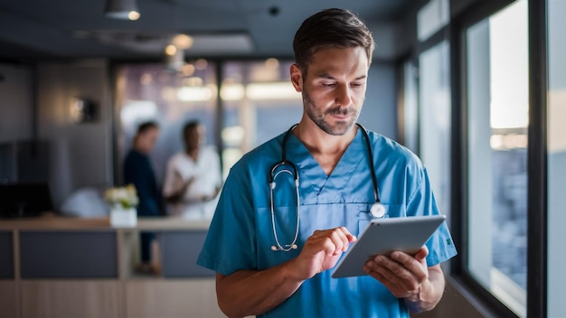 A healthcare male professional using a tablet to monitor remote patient data