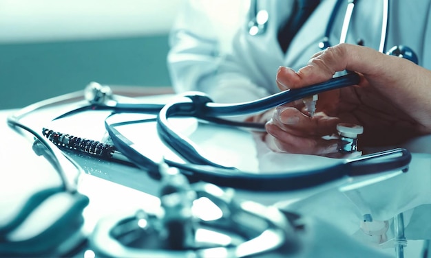 Photo healthcare and medical concept medicine doctor with stethoscope in hand and patients come to the hospital background