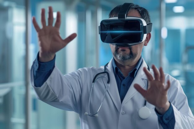 Healthcare and medical technology concept medicine doctor wearing virtual reality glasses by ai