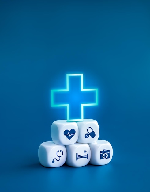 Healthcare medical wellness plan and insurance concept 3d Health care symbol and medical element icons built on clean white blocks stacking pyramid shape isolated on blue background vertical