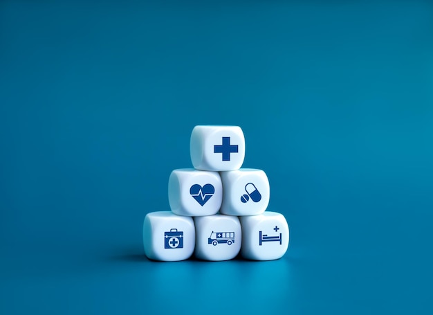 Healthcare medical wellness plan and insurance concept Health care hospital service and medical element icon symbols on clean white blocks stacking arranged pyramid shape on blue background