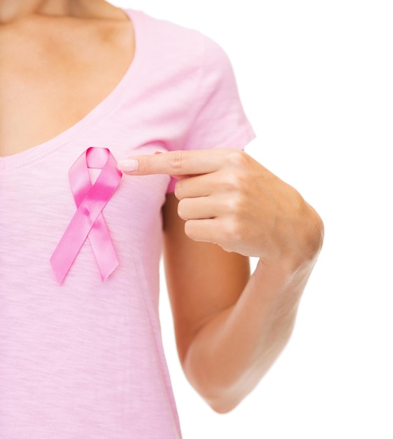 healthcare and medicine concept - woman in blank t-shirt with pink breast cancer awareness ribbon