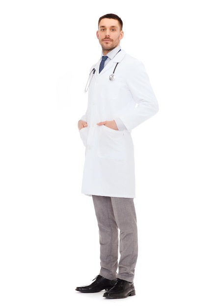 healthcare, profession and medicine concept - male doctor with stethoscope in white coat over white background